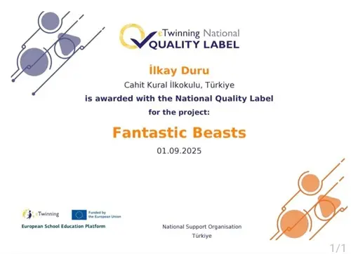 Cahit Kural İlkokulu sınıf öğretmeni İlkay DURU ve öğrencileri, yürüttükleri uluslararası 3 farklı eTwinning projesiyle 3 ayrı ödül kazanarak büyük bir başarıya imza attılar. 3 Fantastic Beasts