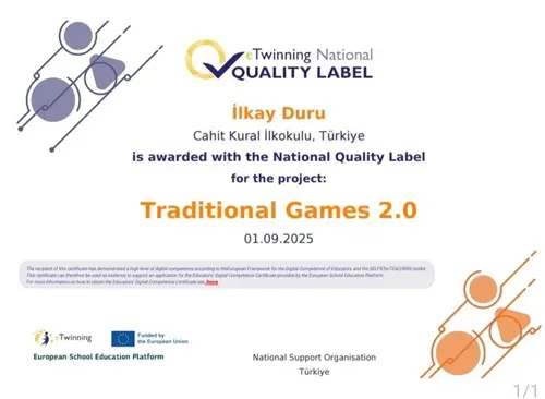 Cahit Kural İlkokulu sınıf öğretmeni İlkay DURU ve öğrencileri, yürüttükleri uluslararası 3 farklı eTwinning projesiyle 3 ayrı ödül kazanarak büyük bir başarıya imza attılar. 1 Traditional-Games