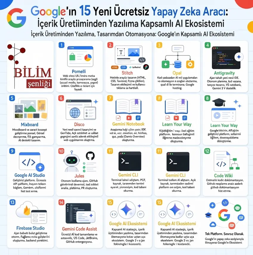 Google'ın 15 Yeni Ücretsiz Yapay Zeka Aracı: İçerik Üretiminden Yazılıma Kapsamlı AI Ekosistemi 1 Ücretsiz Yapay Zeka Araçları